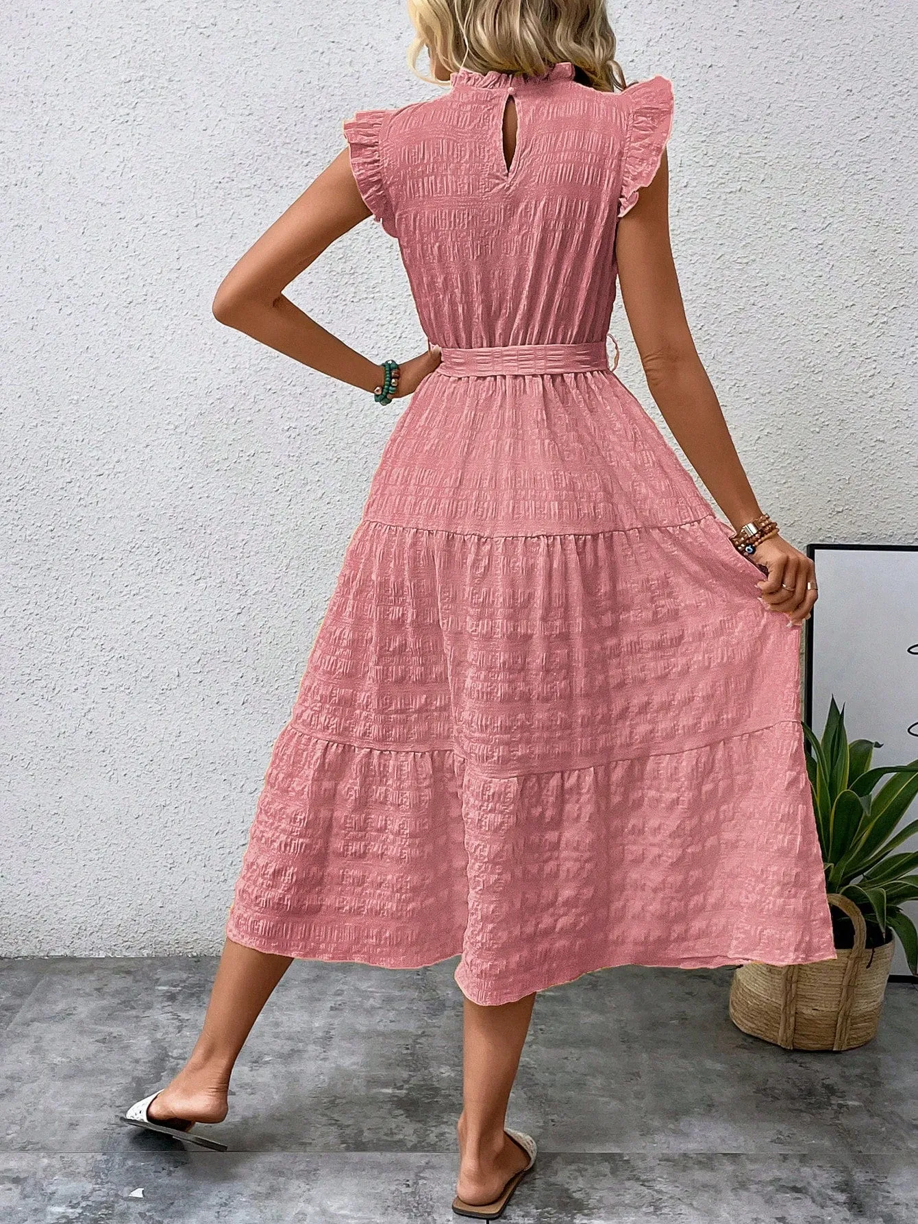 LUNE Frill Trim Ruffle Hem Belted Dress