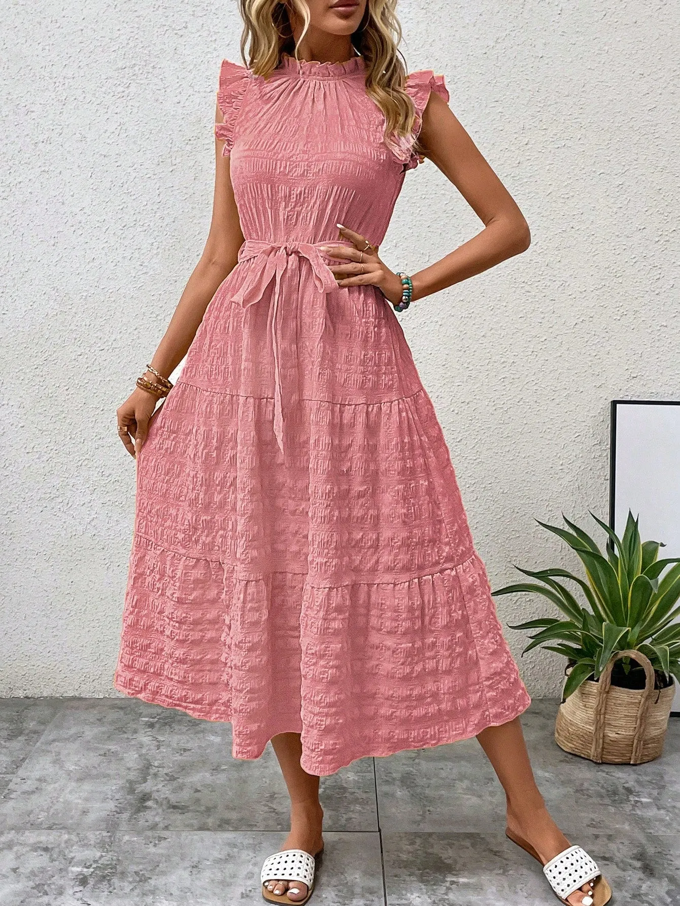 LUNE Frill Trim Ruffle Hem Belted Dress