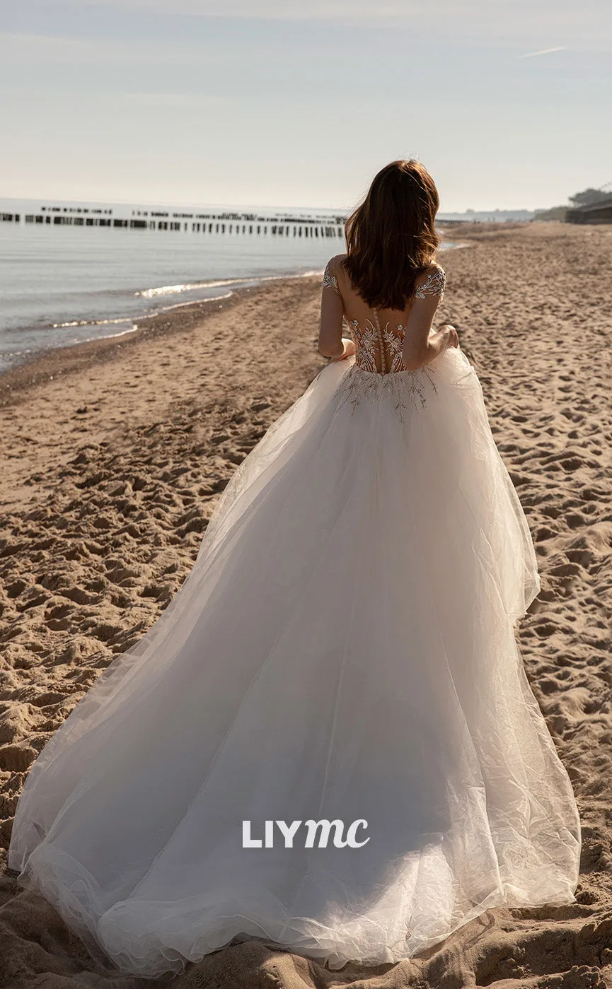 LW213 - Illusion Off Shoulder Beaded Lace Tulle A Line Long Wedding Dress