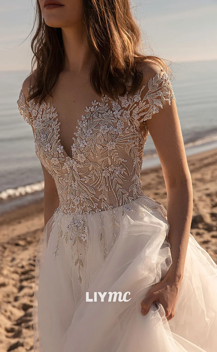 LW213 - Illusion Off Shoulder Beaded Lace Tulle A Line Long Wedding Dress