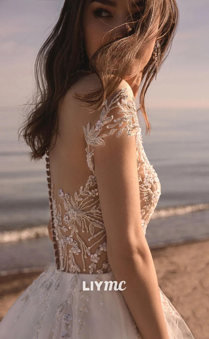 LW213 - Illusion Off Shoulder Beaded Lace Tulle A Line Long Wedding Dress