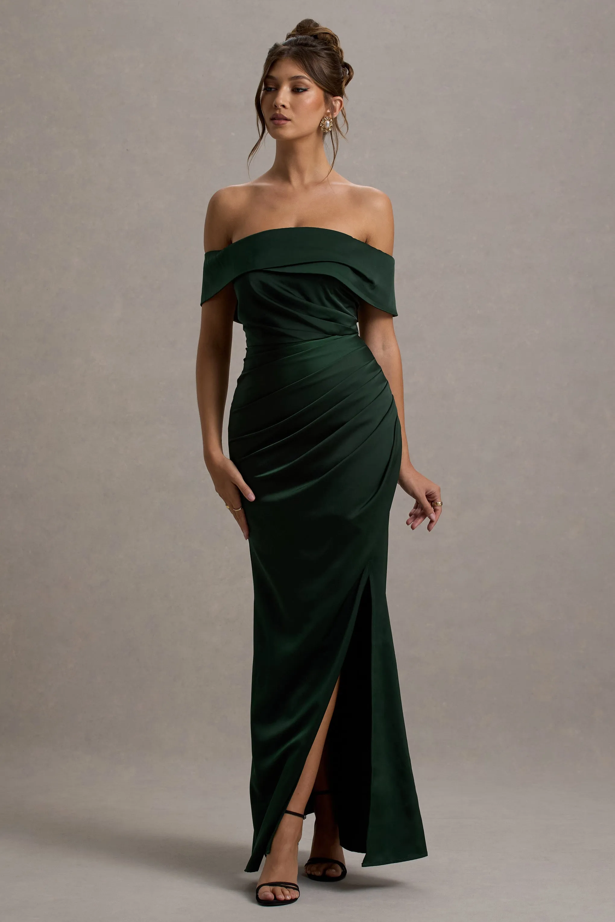Martine | Bottle Green Satin Bardot Wrap Maxi Dress