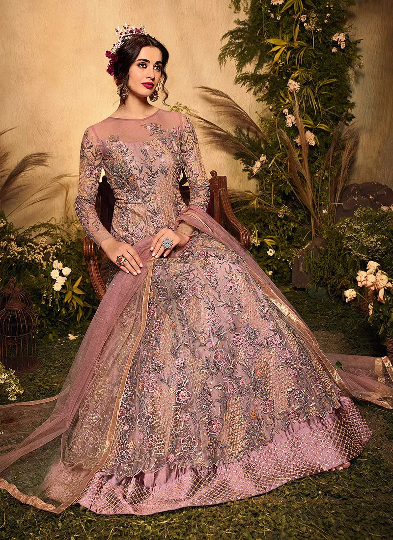 Mauve Multi Embroidered Designer Wedding Gown