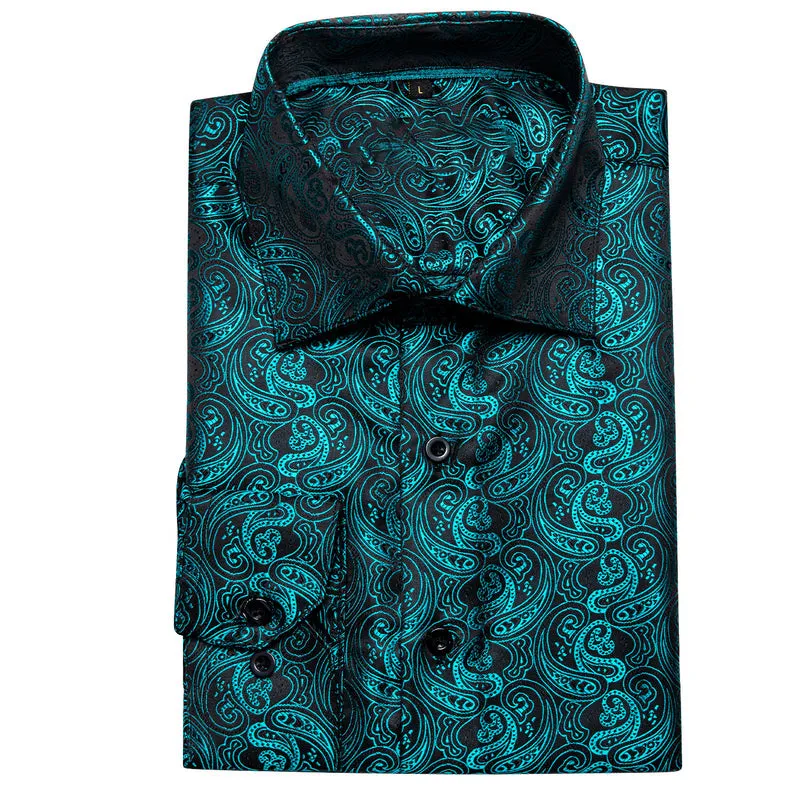 Midnight Black and Lake Blue Paisley Silk Dress Shirt