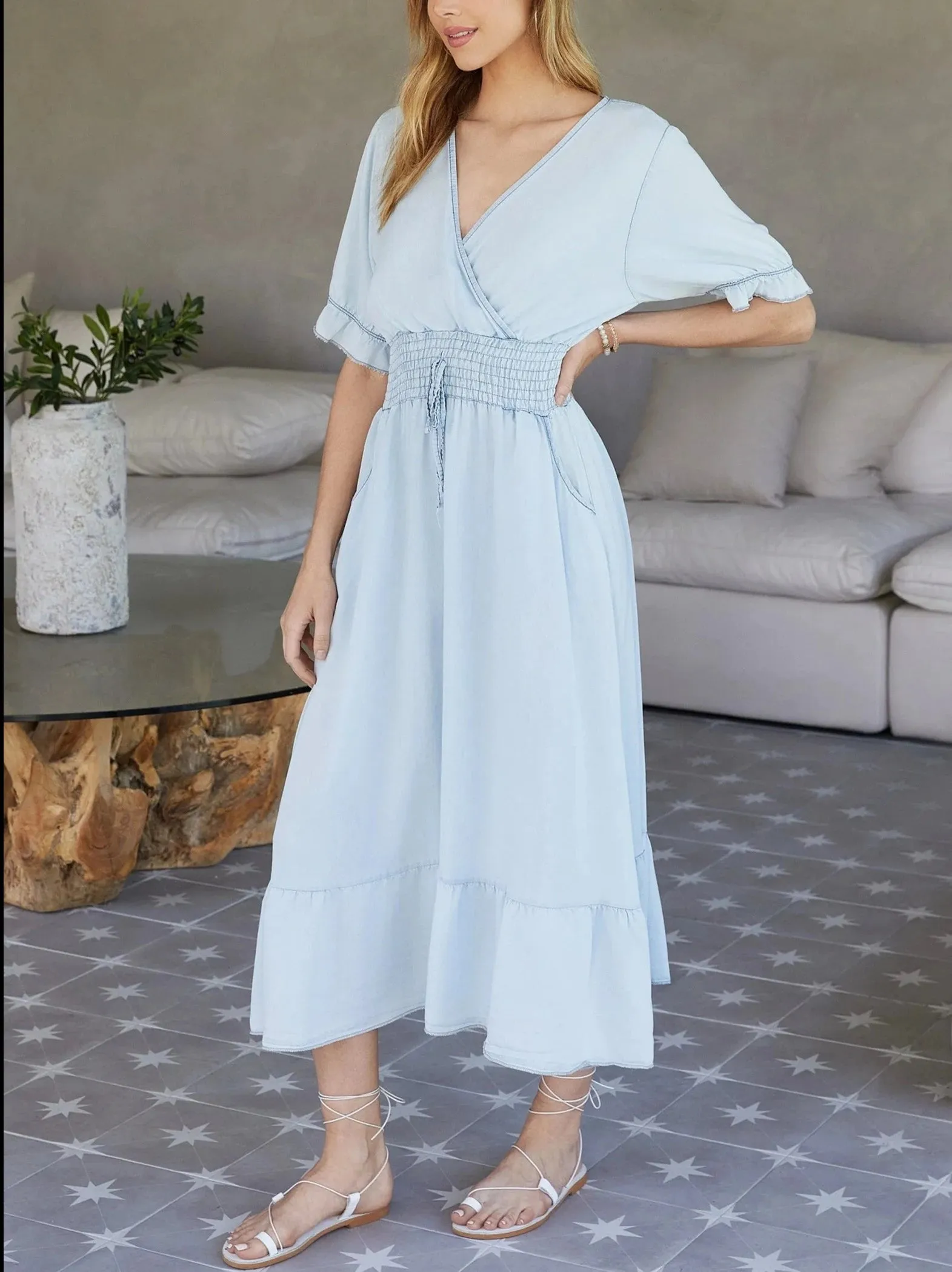 Milio Milano Italian Viscose Smocked Ruffle Dress