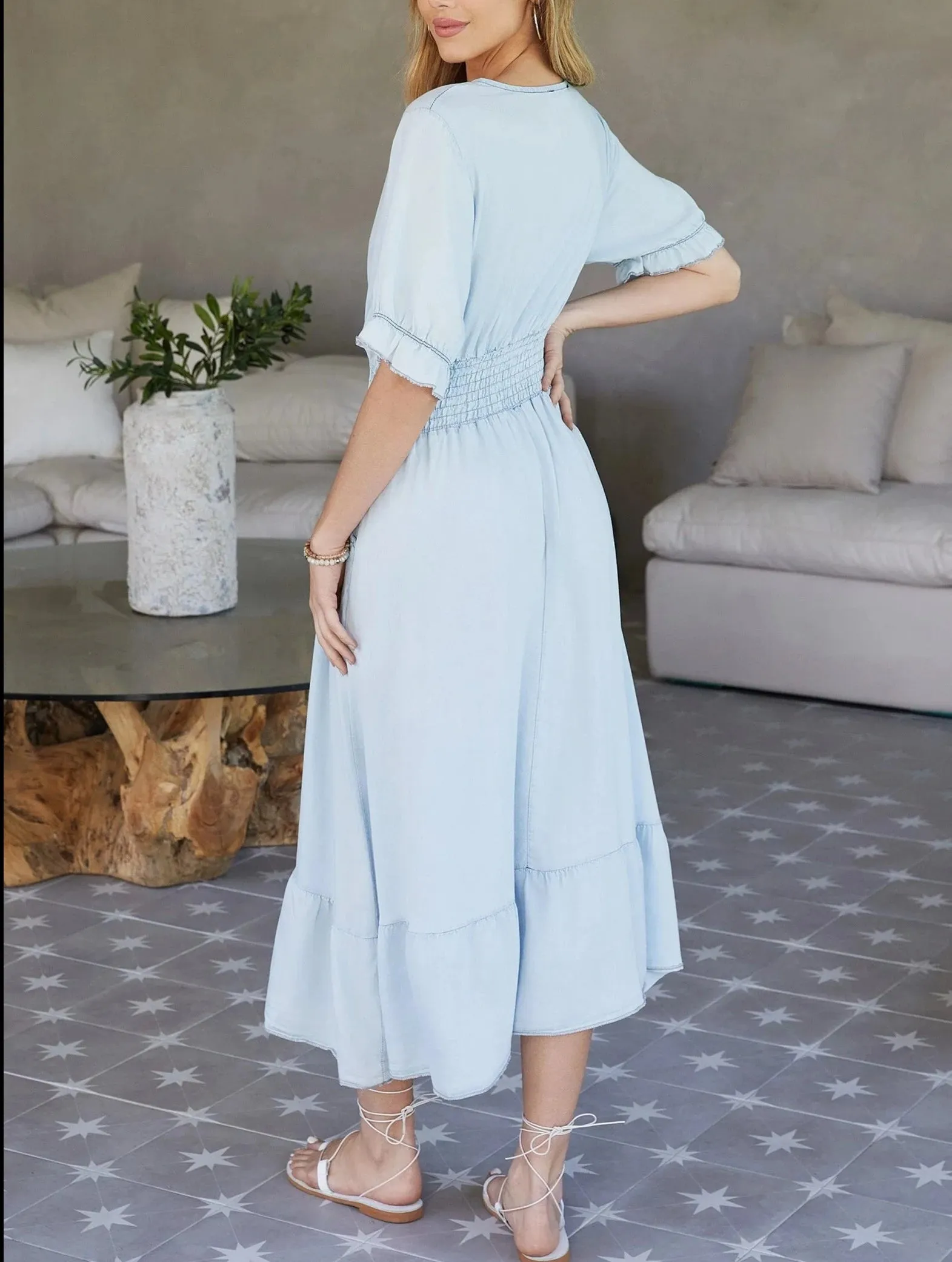 Milio Milano Italian Viscose Smocked Ruffle Dress