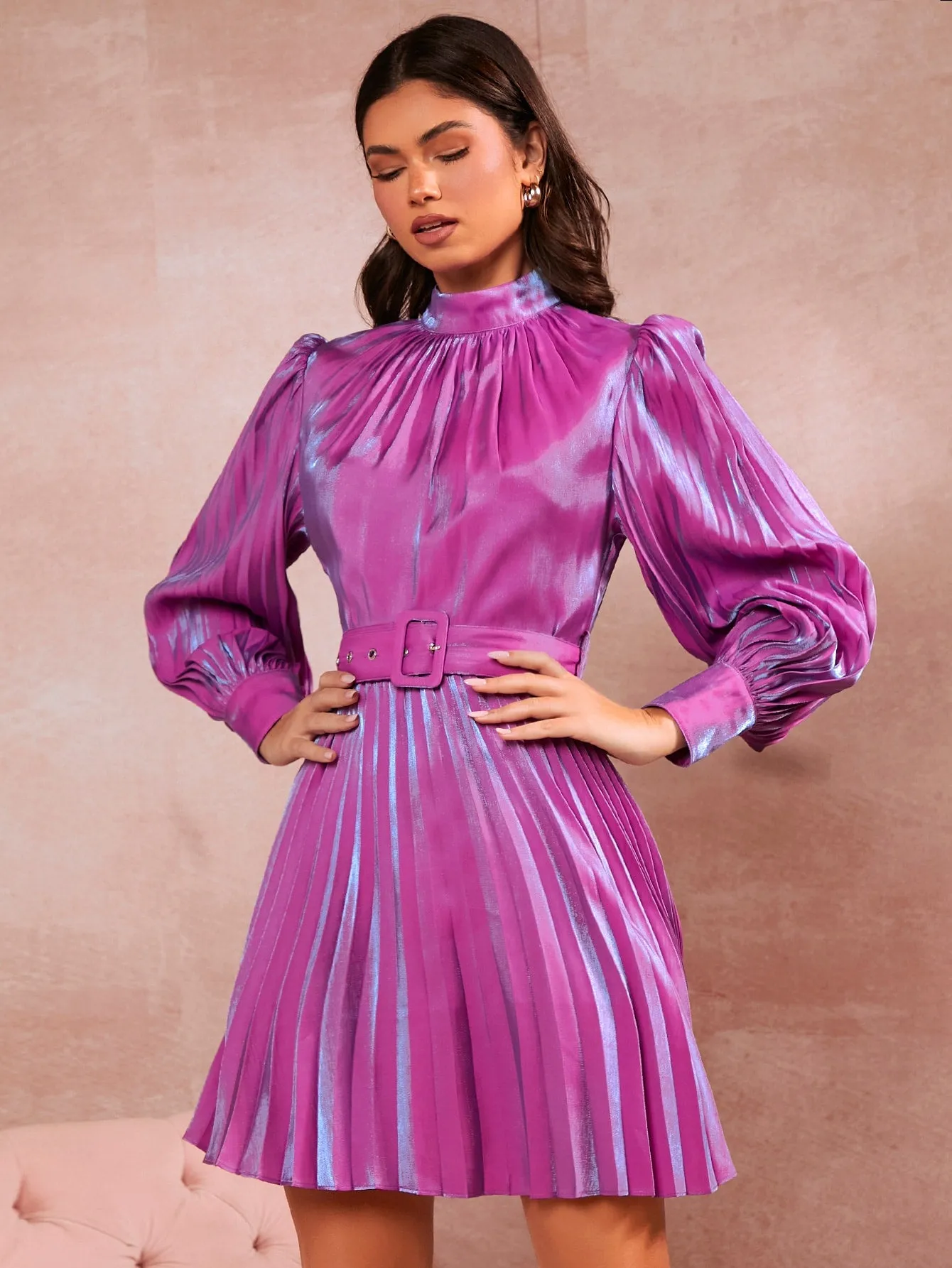 Mock Neck Pleated Belted Dress
