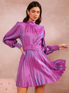 Mock Neck Pleated Belted Dress