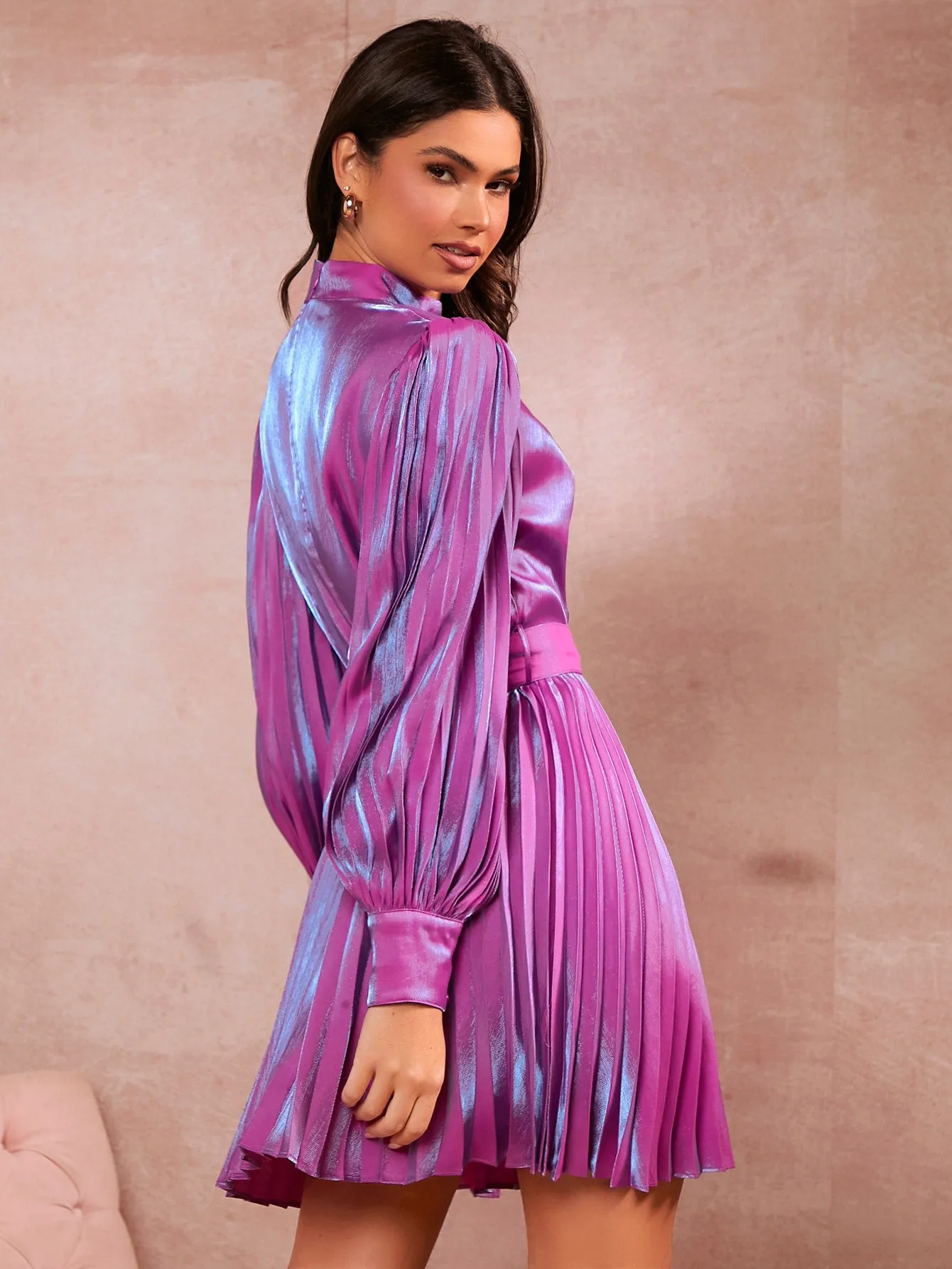 Mock Neck Pleated Belted Dress
