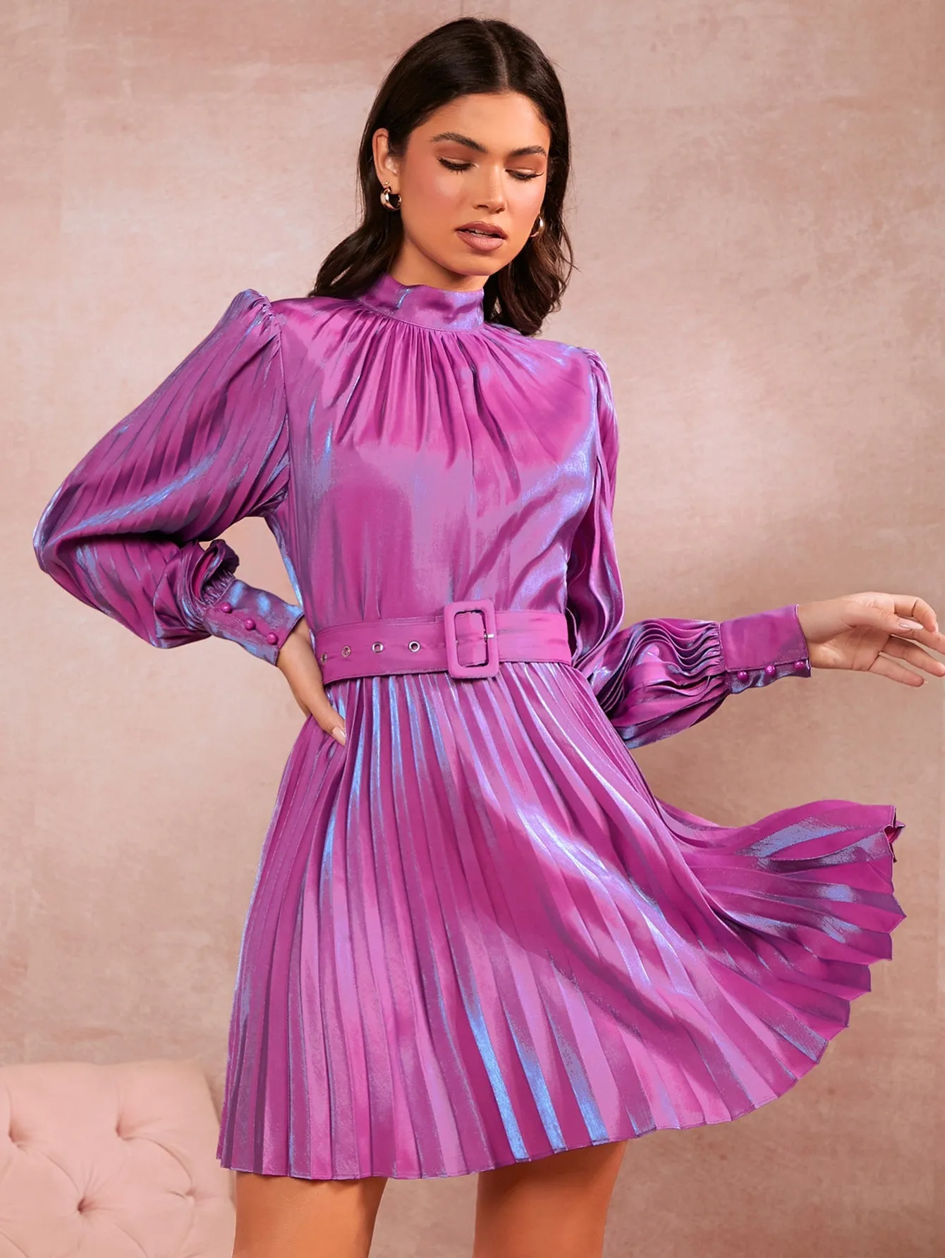 Mock Neck Pleated Belted Dress