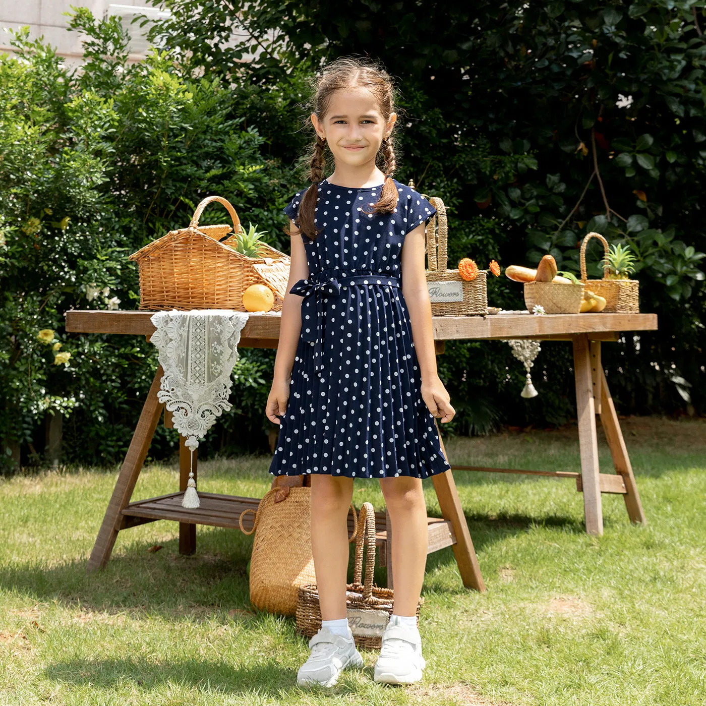 Mom and Daughter Self Tie Ruffle Hem Polka Dot Dress