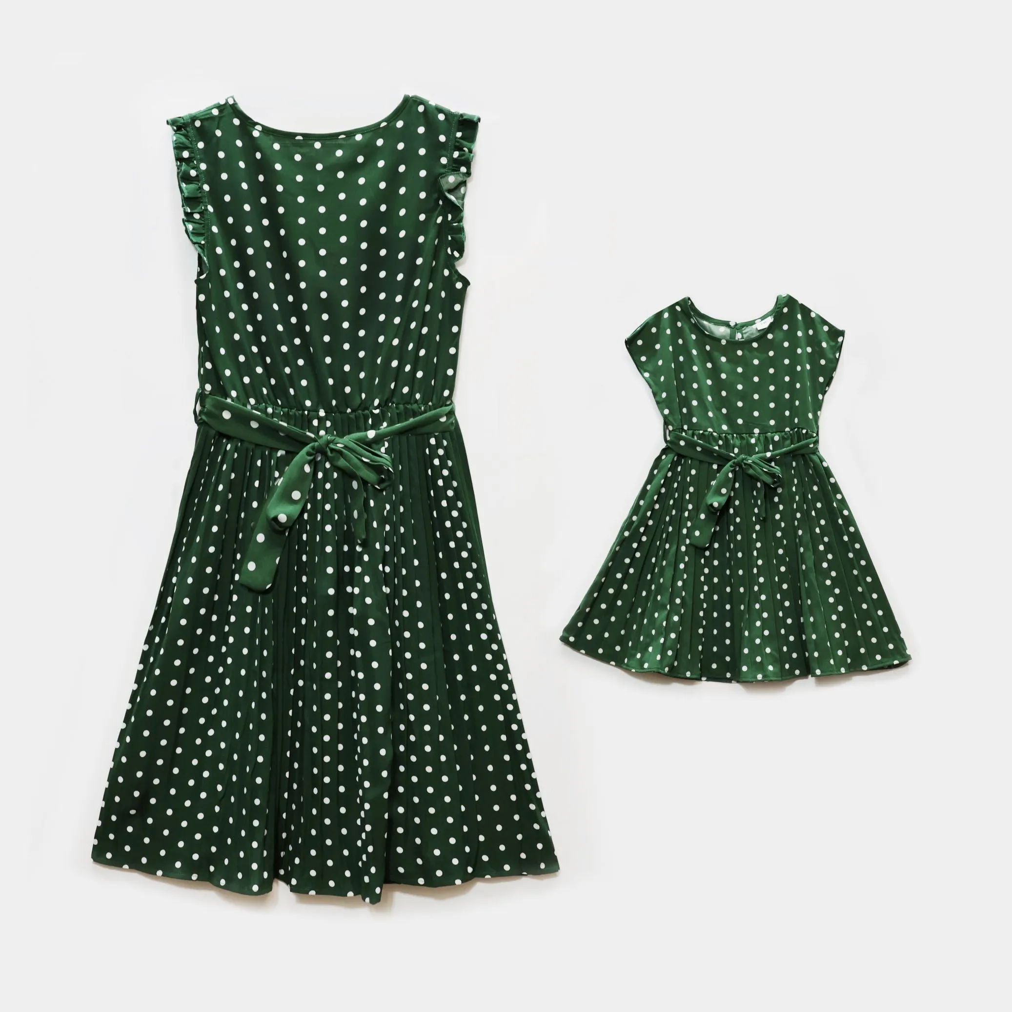 Mom and Daughter Self Tie Ruffle Hem Polka Dot Dress