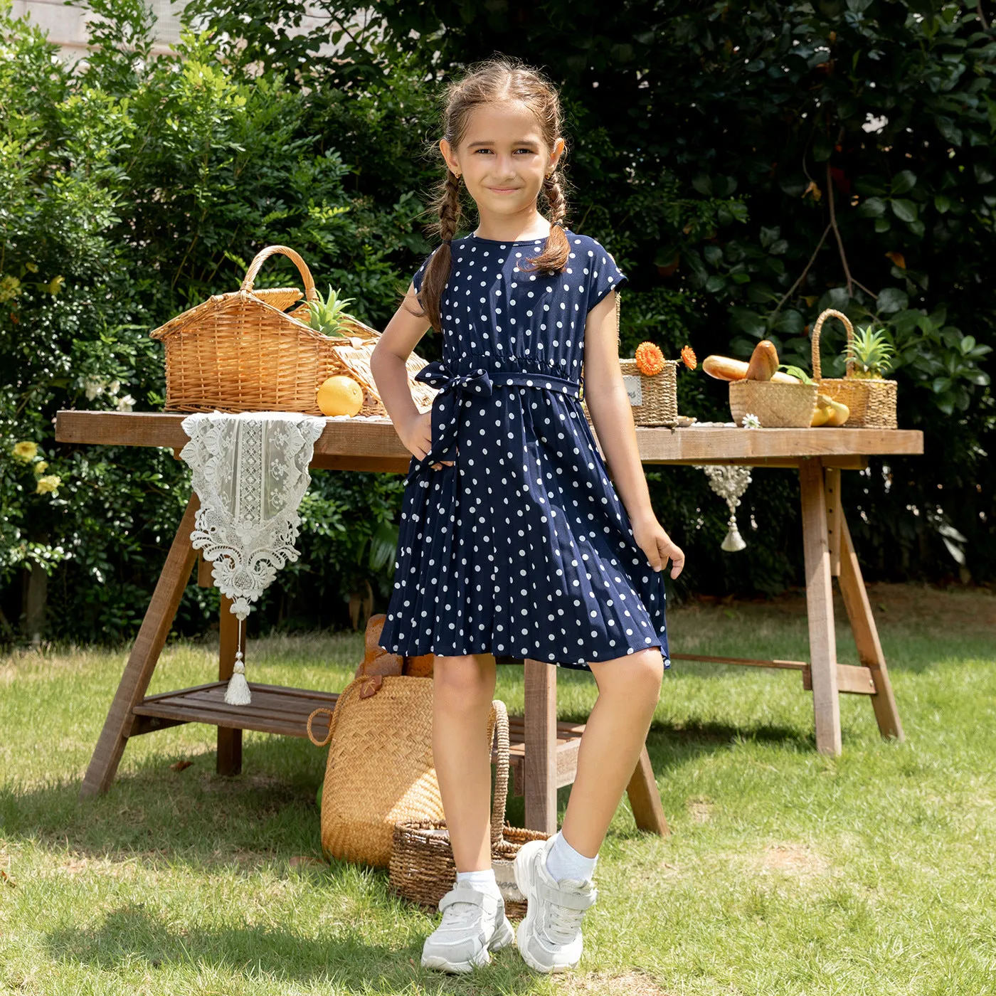 Mom and Daughter Self Tie Ruffle Hem Polka Dot Dress