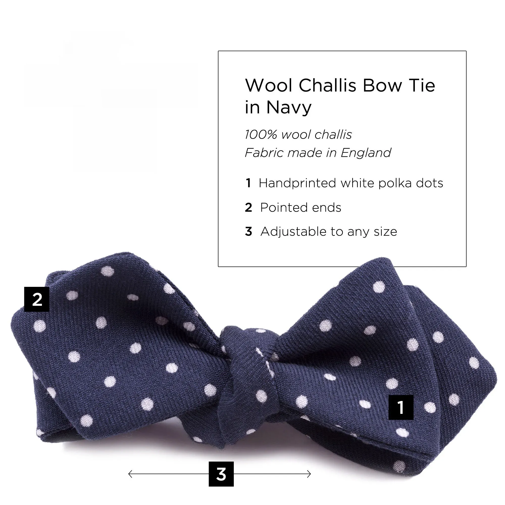 Navy & White Polka Dot Wool Challis Bow Tie