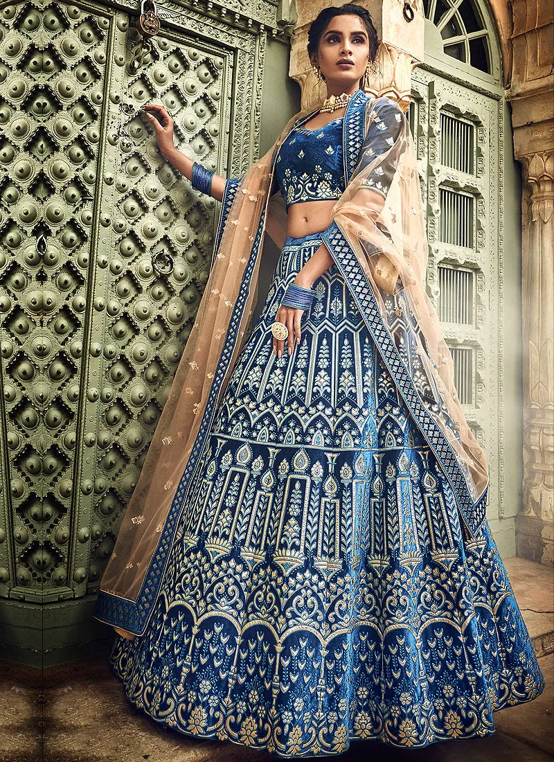 Navy Blue And Golden Designers Wedding Lehenga Choli