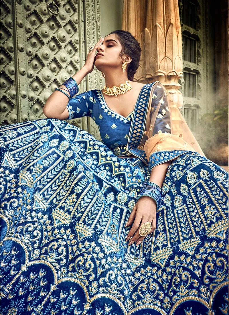 Navy Blue And Golden Designers Wedding Lehenga Choli