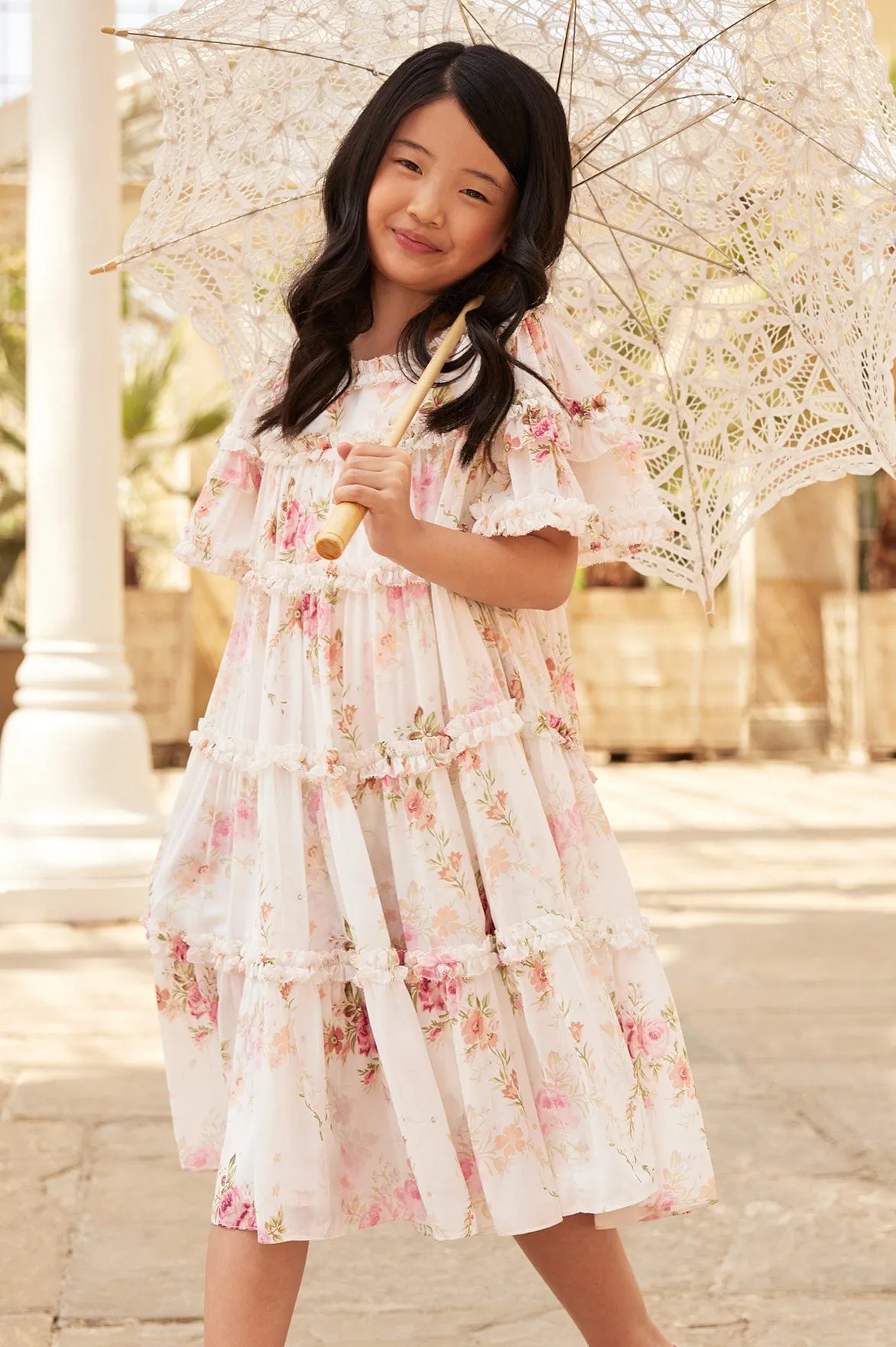 Needle & Thread Girls Trailing Blooms Chiffon Dress in White