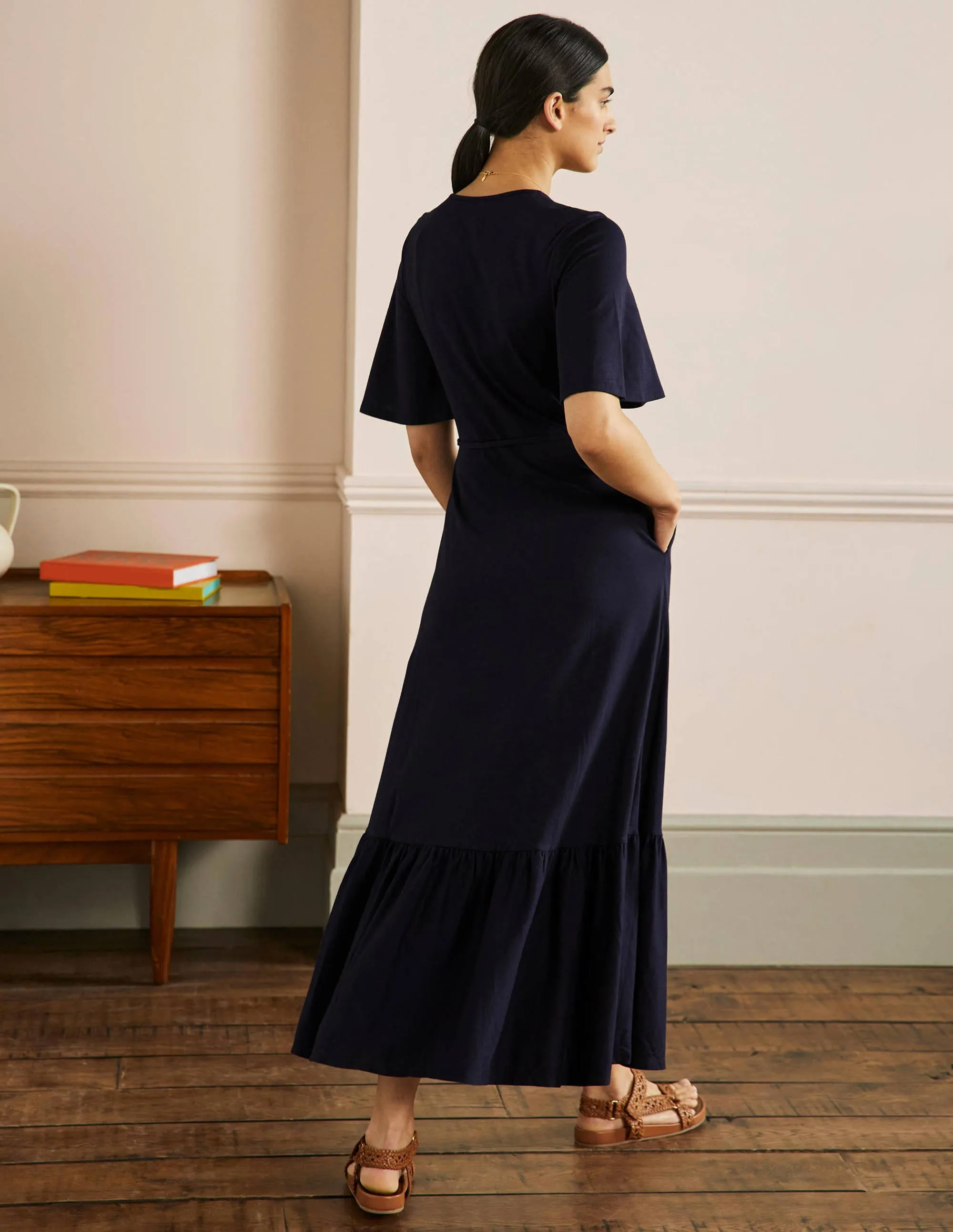 Notch Neck Jersey Maxi Dress-Navy