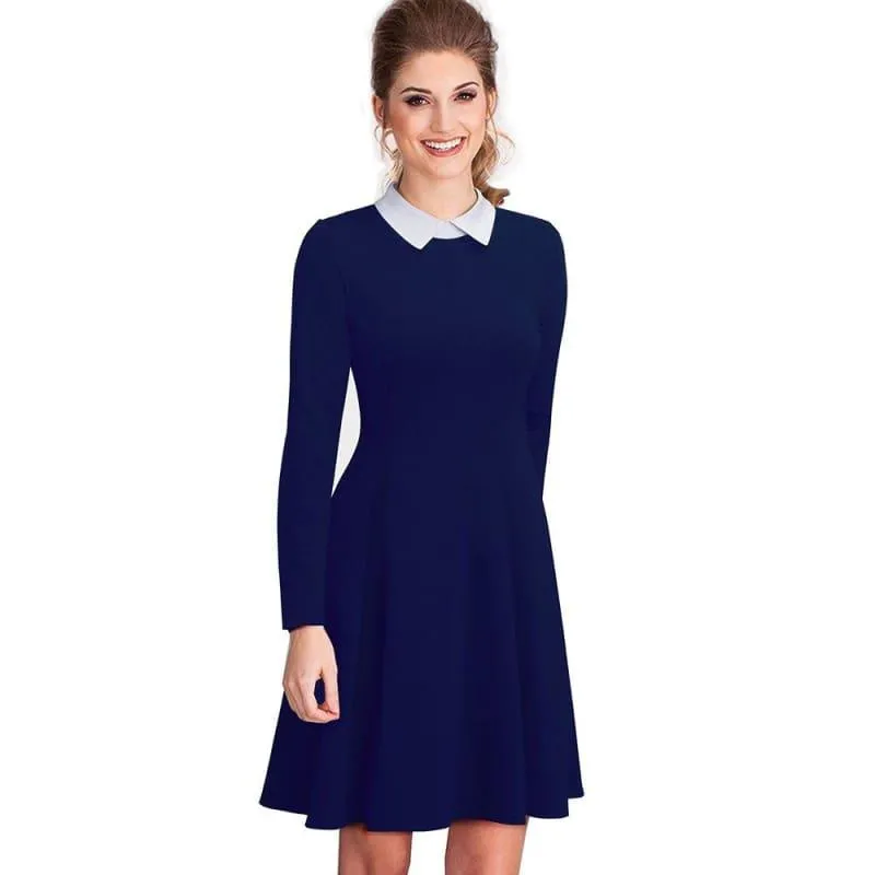 Office Business Pleated A-line Dress Classic Turn-down Collar Black Midi Dress