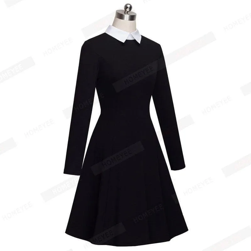 Office Business Pleated A-line Dress Classic Turn-down Collar Black Midi Dress