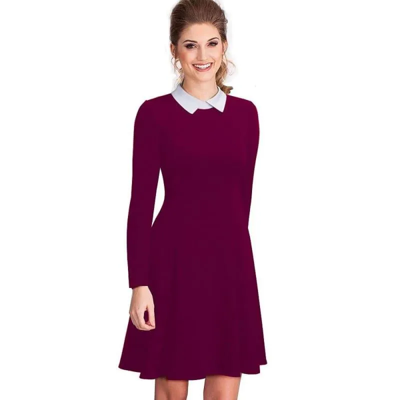 Office Business Pleated A-line Dress Classic Turn-down Collar Black Midi Dress