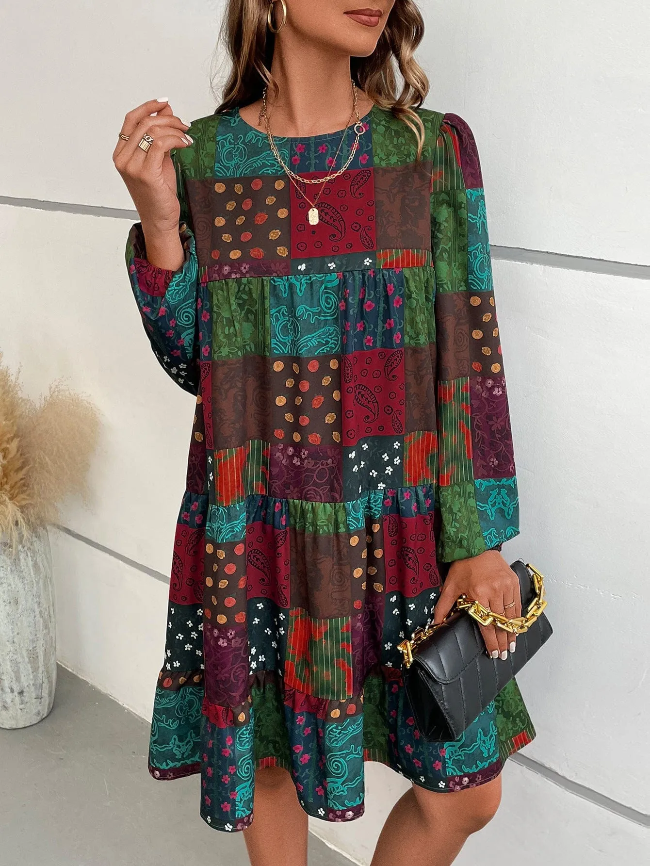 Paisley Print Long Sleeve Dress
