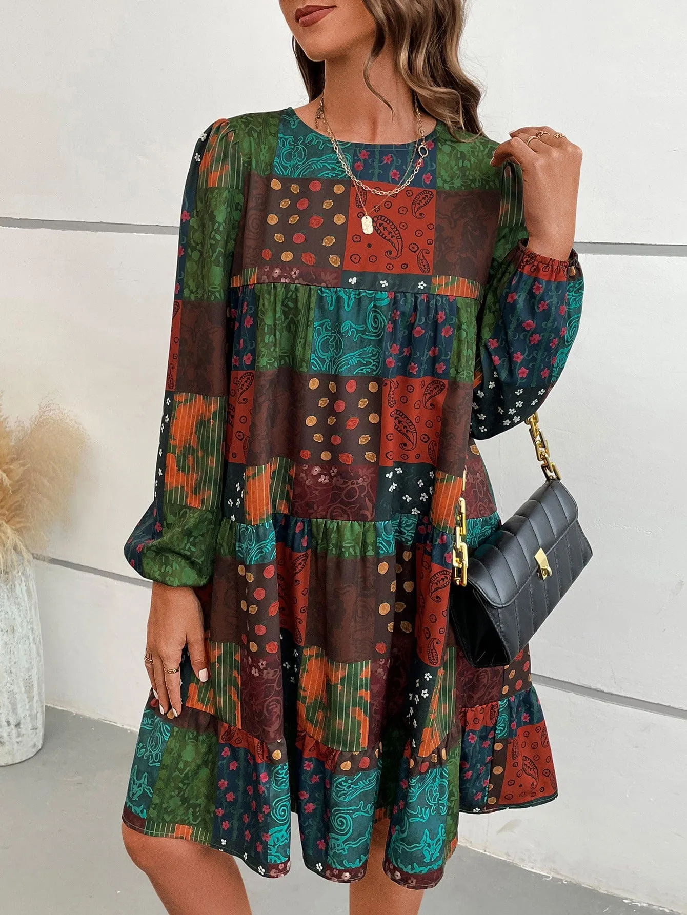 Paisley Print Long Sleeve Dress