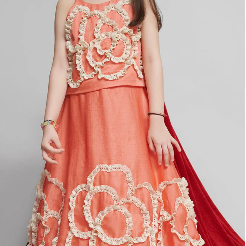 Peach Crochet Crop Top With Skirt