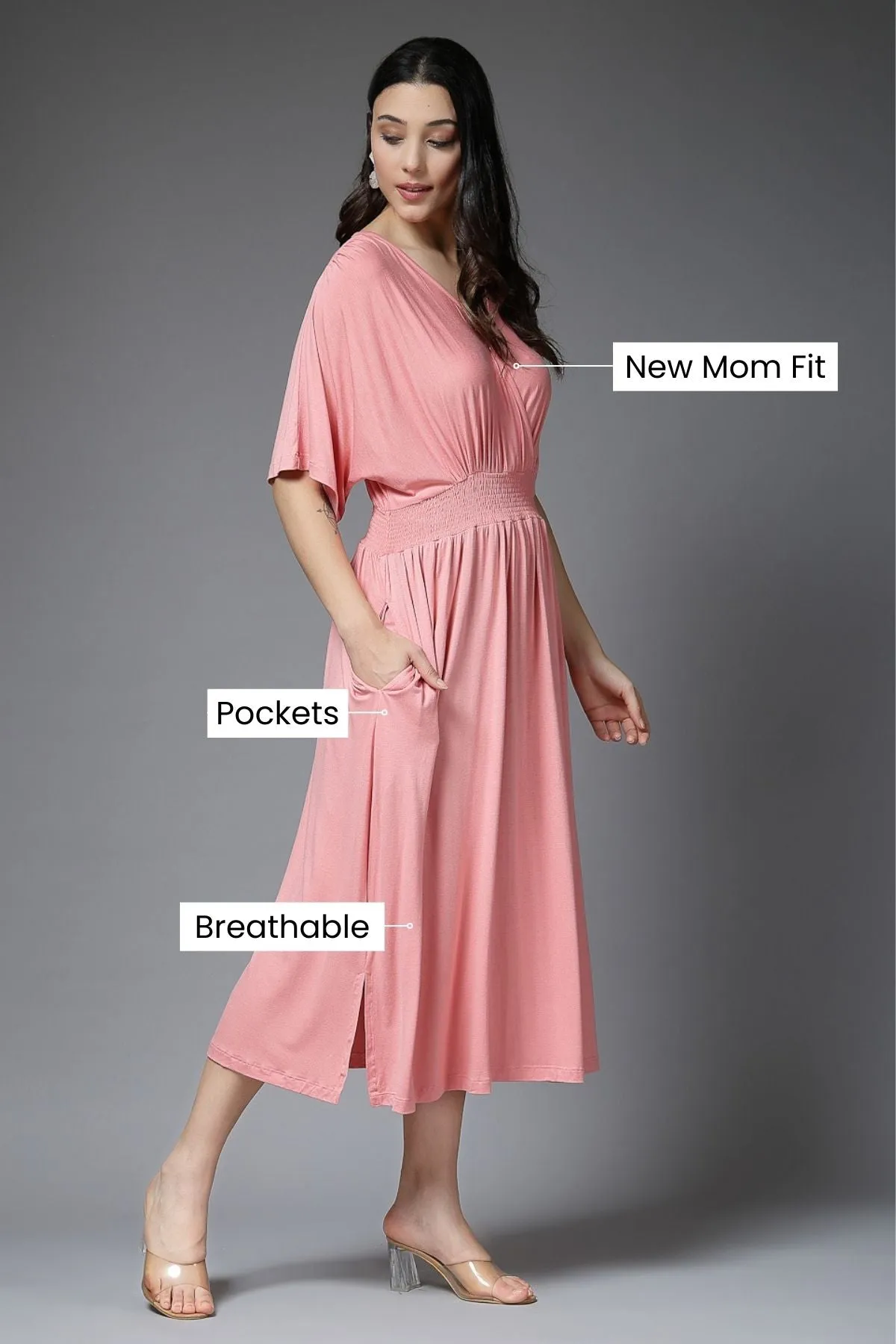 Peach Solid Smocked Waist Zipless Feeding Dress