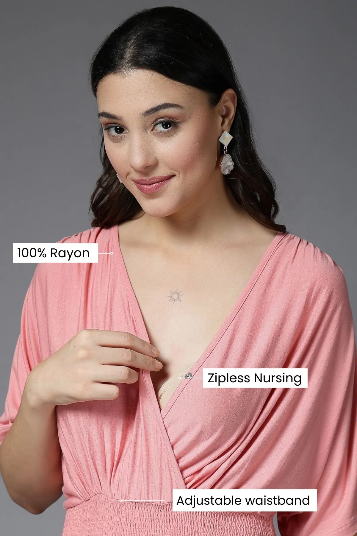 Peach Solid Smocked Waist Zipless Feeding Dress