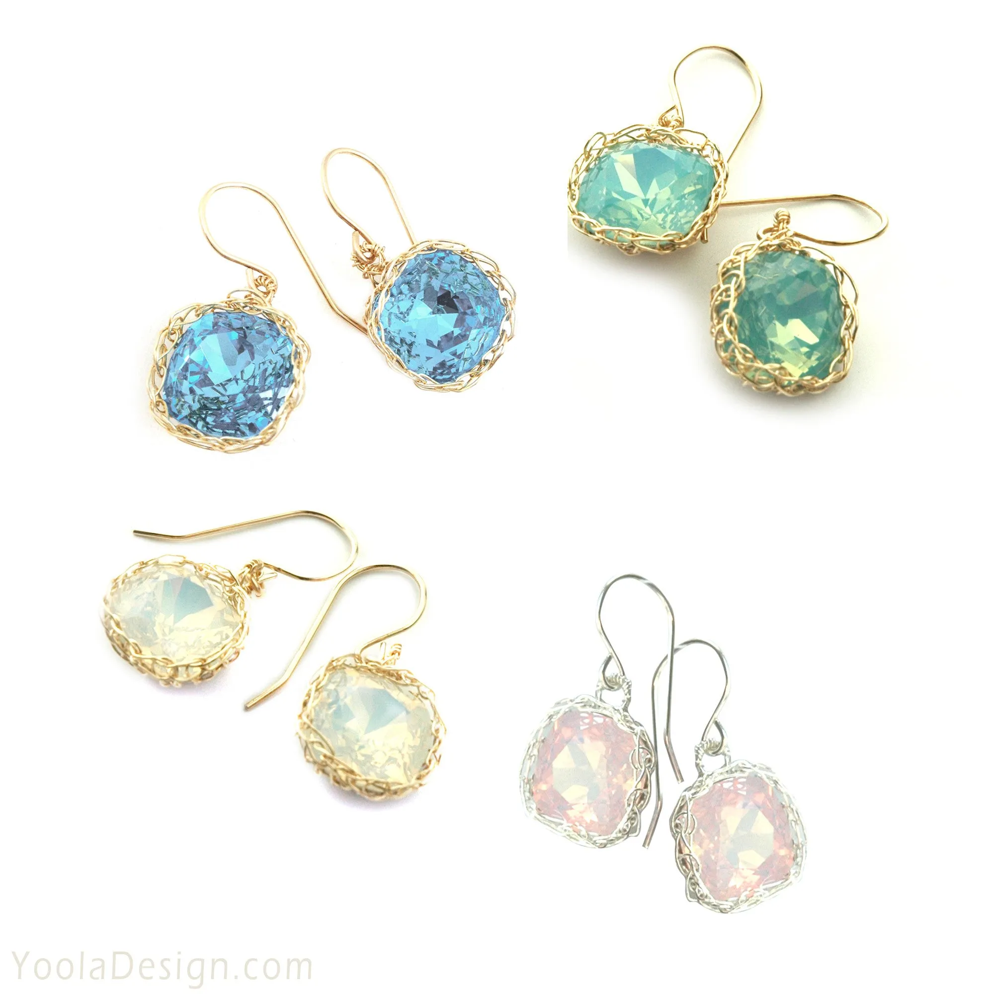 Pink Swarovski glass crystal earrings , wire crochet dangle gold earrings
