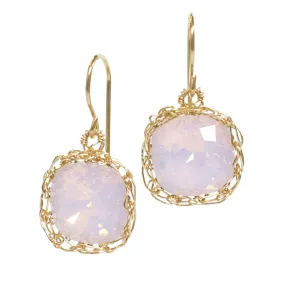 Pink Swarovski glass crystal earrings , wire crochet dangle gold earrings