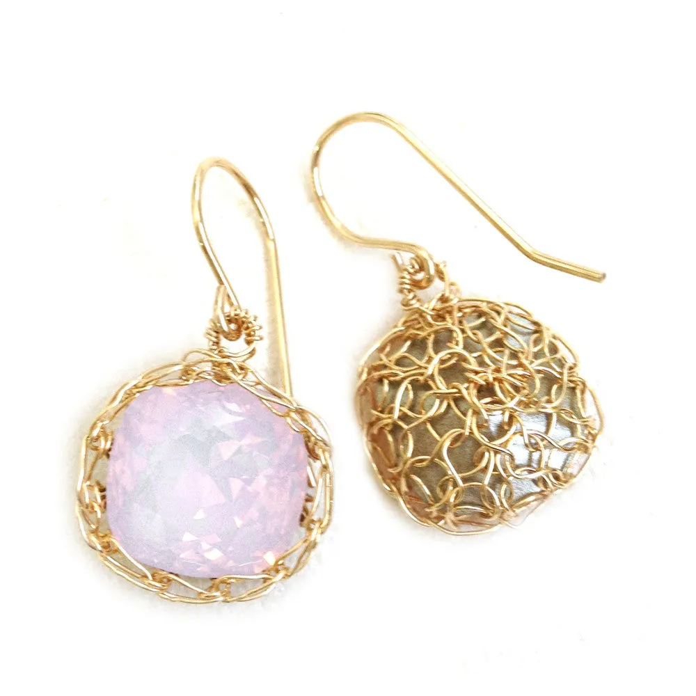 Pink Swarovski glass crystal earrings , wire crochet dangle gold earrings