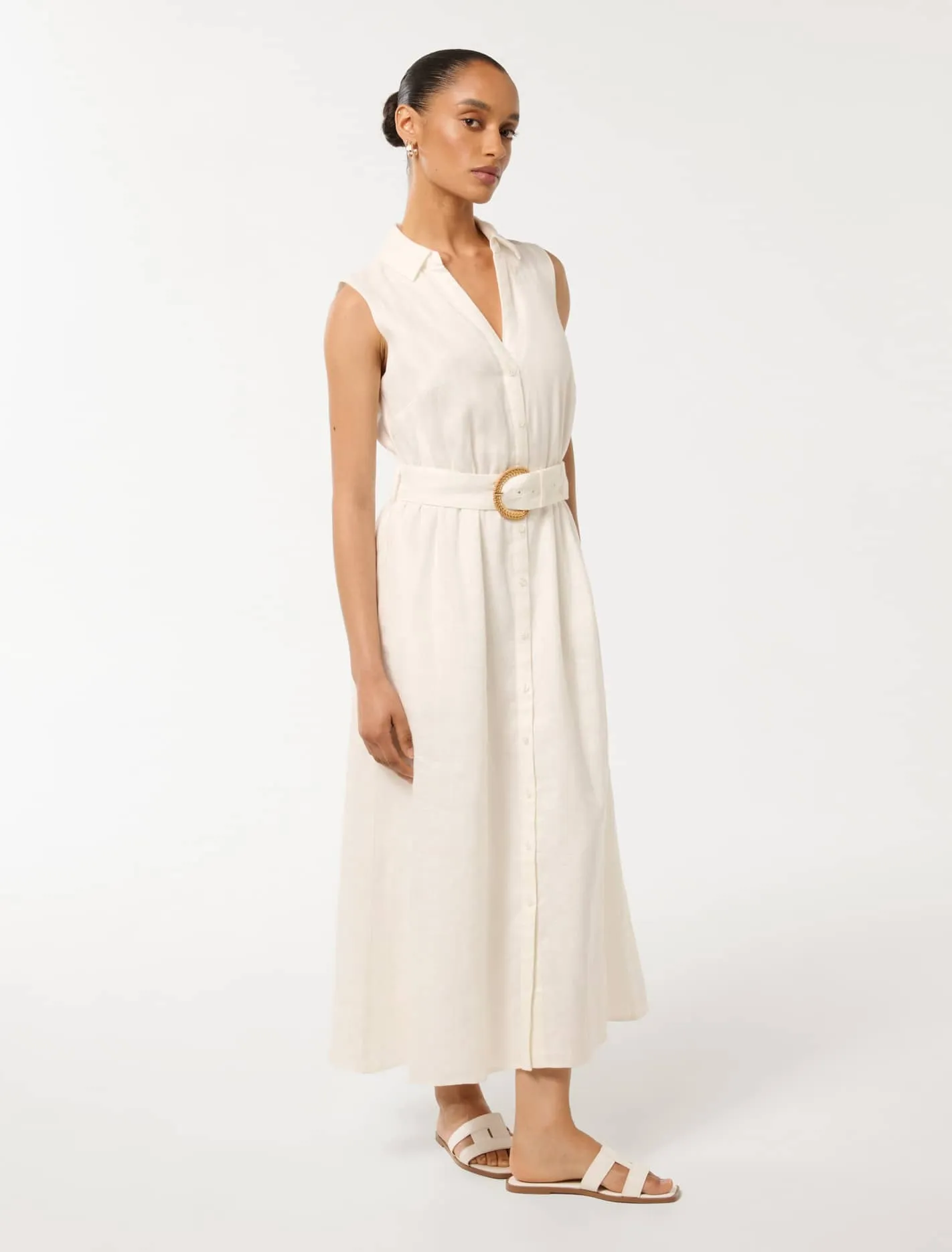 Pippa Petite Collared Button Front Linen Midi Dress