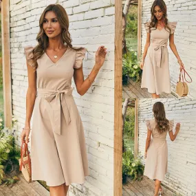 Plain Belted Self-Tie Zipper Back Medium Dress
