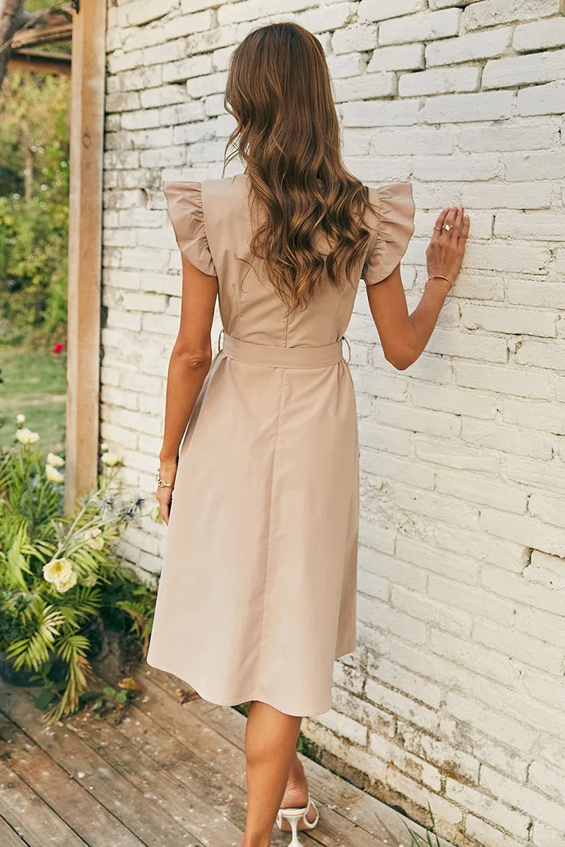Plain Belted Self-Tie Zipper Back Medium Dress