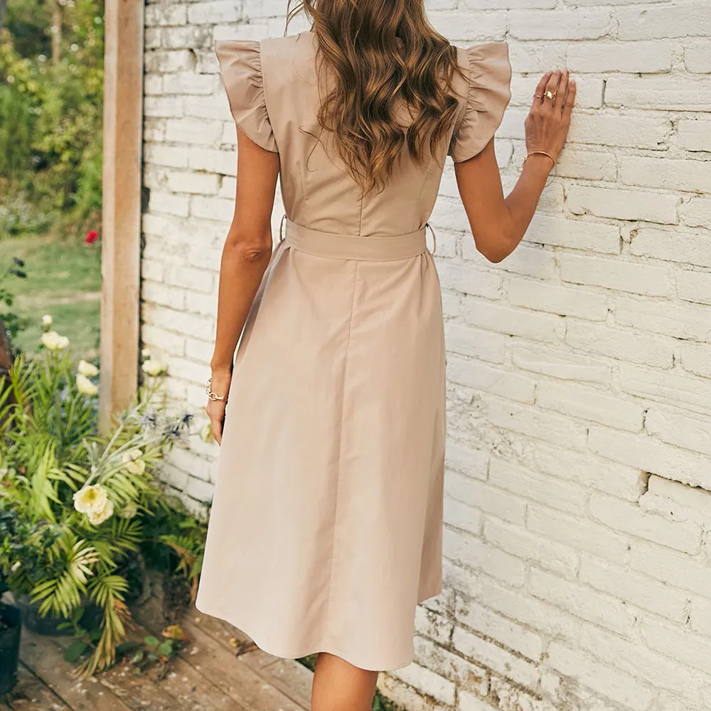 Plain Belted Self-Tie Zipper Back Medium Dress