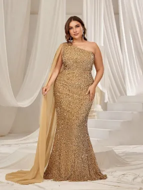 Plus One Shoulder Draped Side Sequin Mermaid Dress