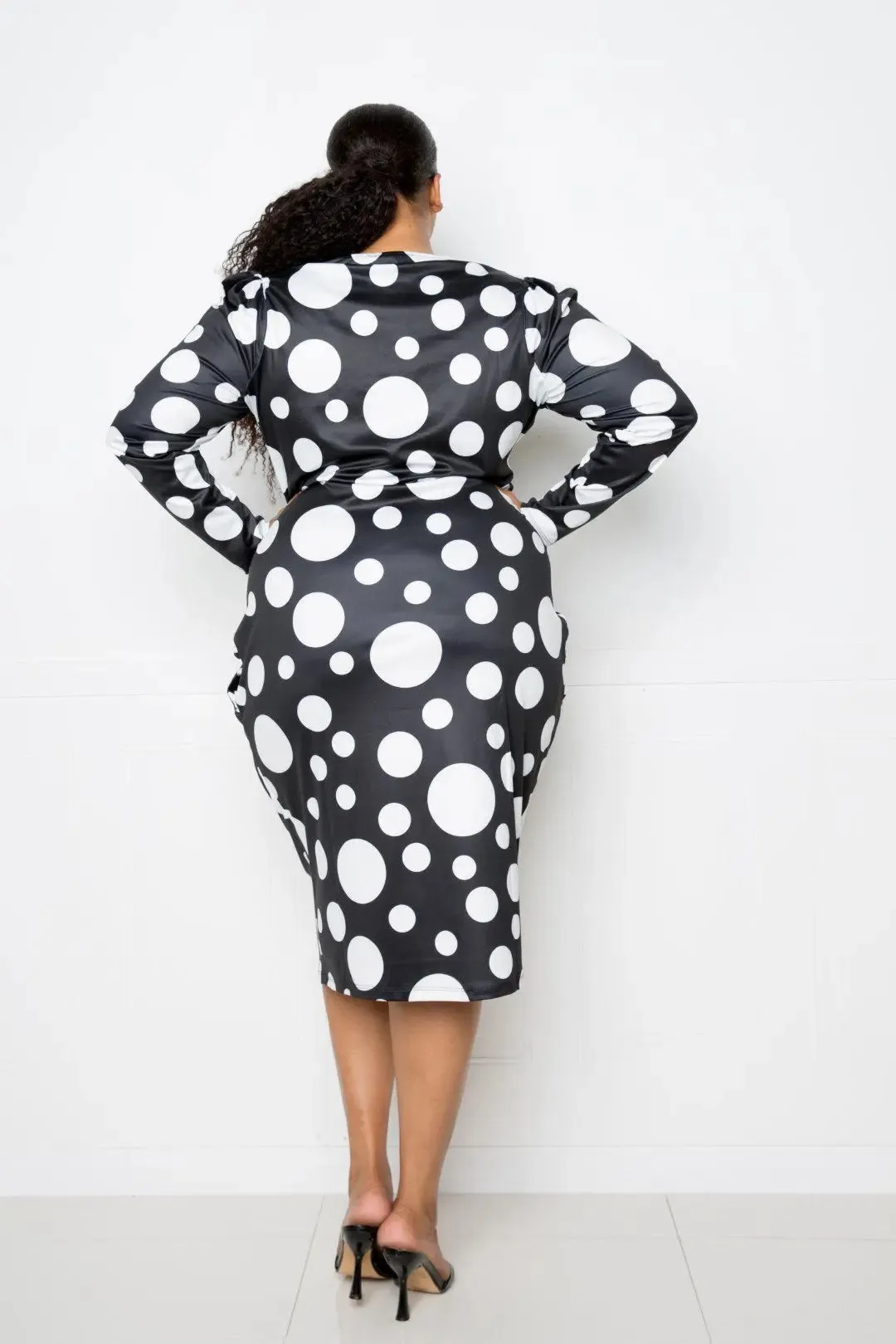 Polka Dot Drop Waist Ruched Midi Dress
