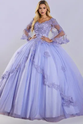 Princess Lilac Tulle Long Sleeves V-neck Quinceanera Dresses