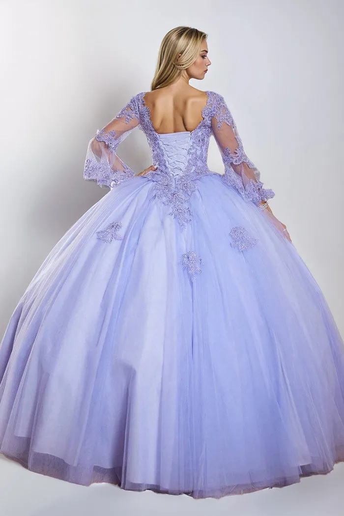 Princess Lilac Tulle Long Sleeves V-neck Quinceanera Dresses