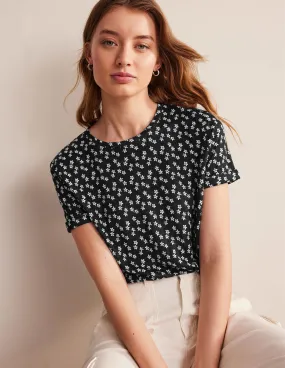 Printed Linen T-shirt-Black, Spaced Ditsy