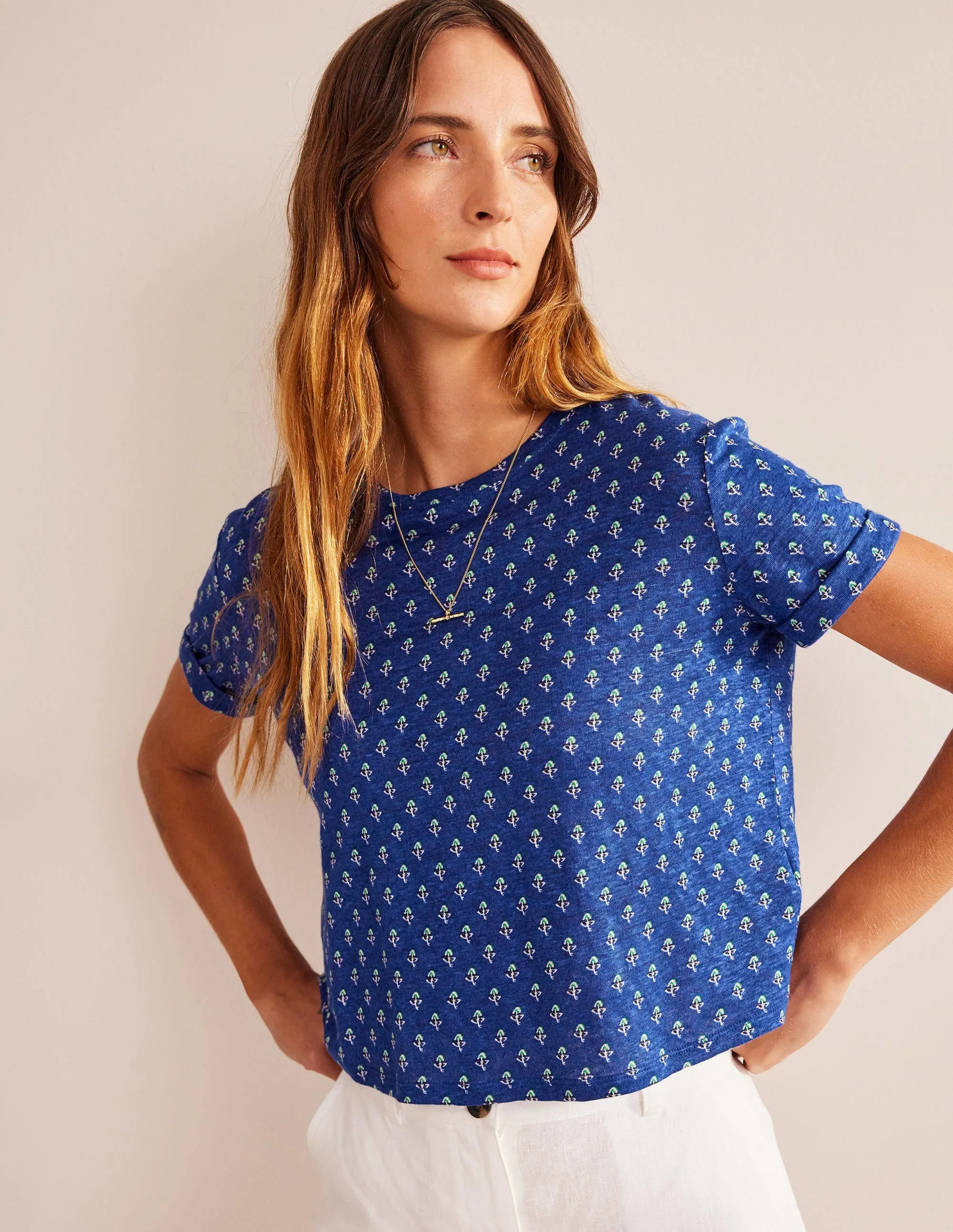 Printed Linen T-shirt-Blue Wave, Tulip Blush
