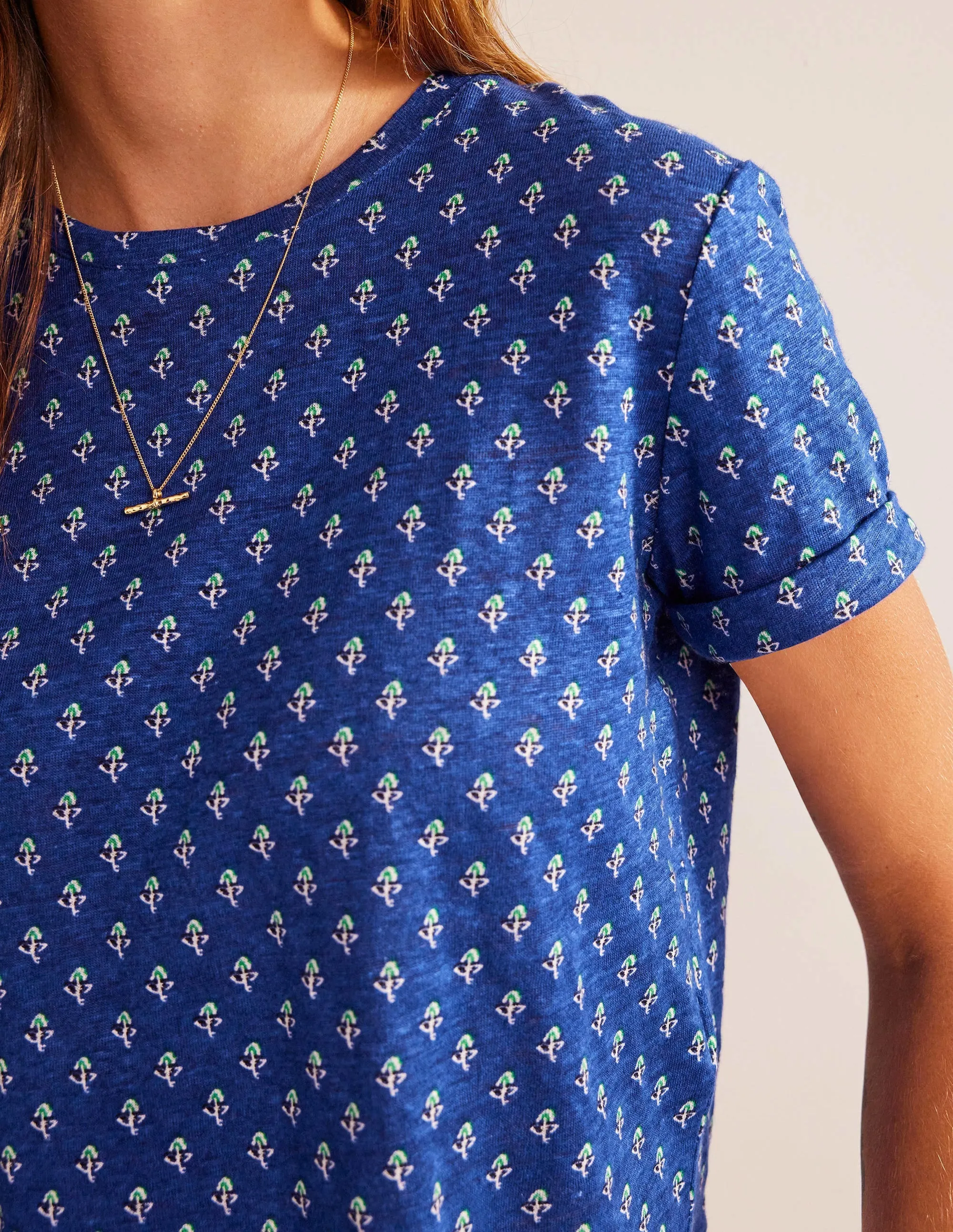 Printed Linen T-shirt-Blue Wave, Tulip Blush