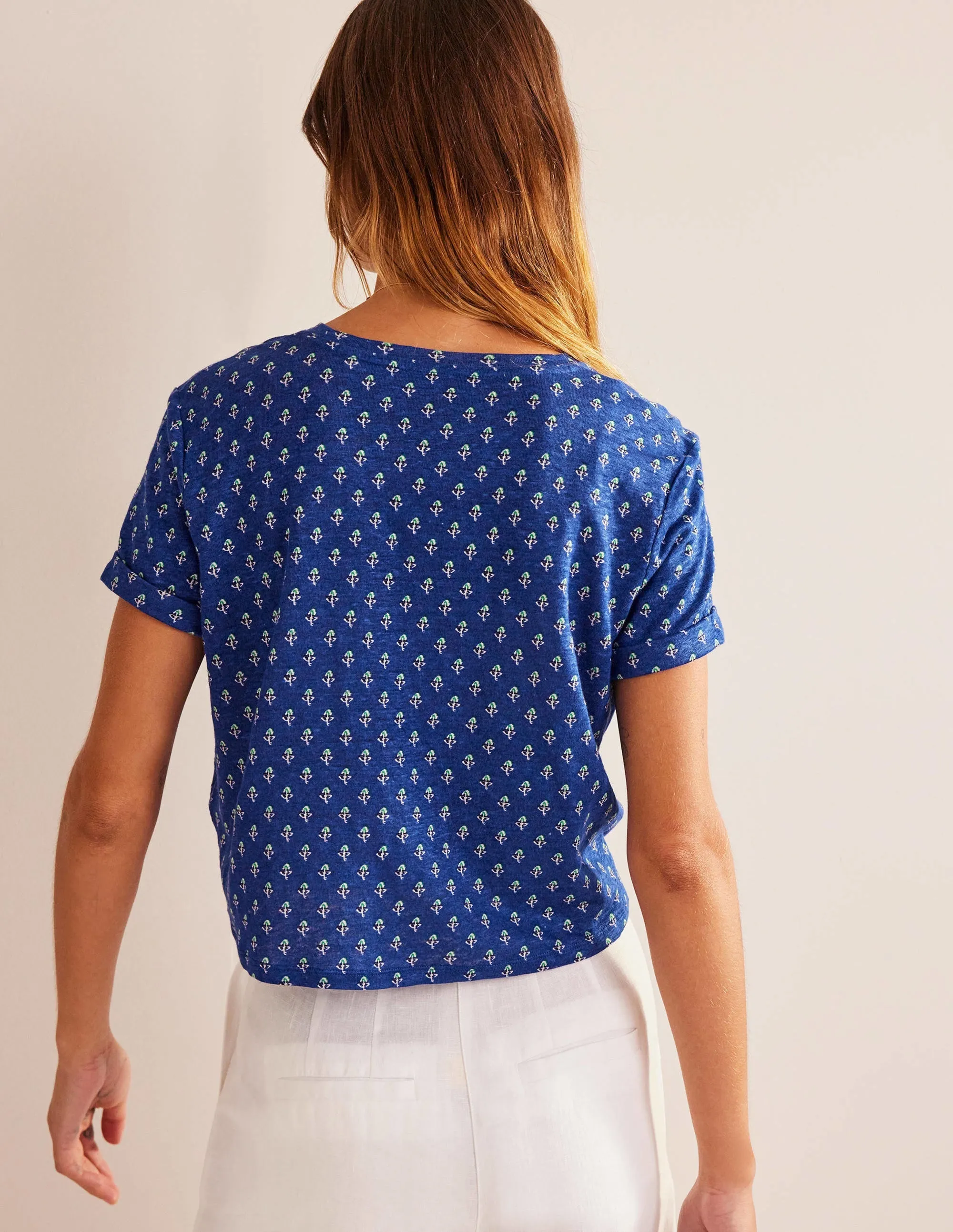 Printed Linen T-shirt-Blue Wave, Tulip Blush