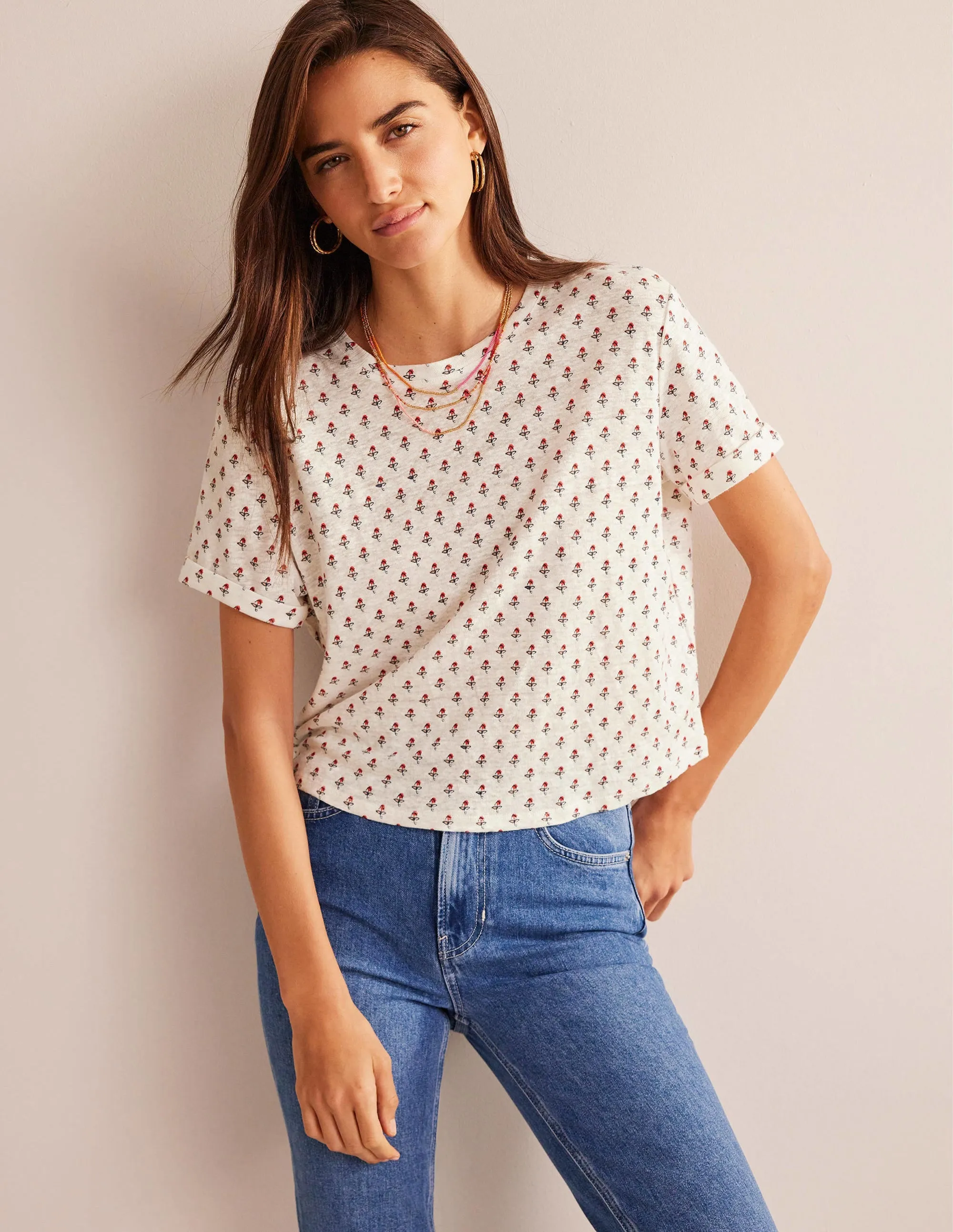 Printed Linen T-shirt-Ivory, Tulip Blush