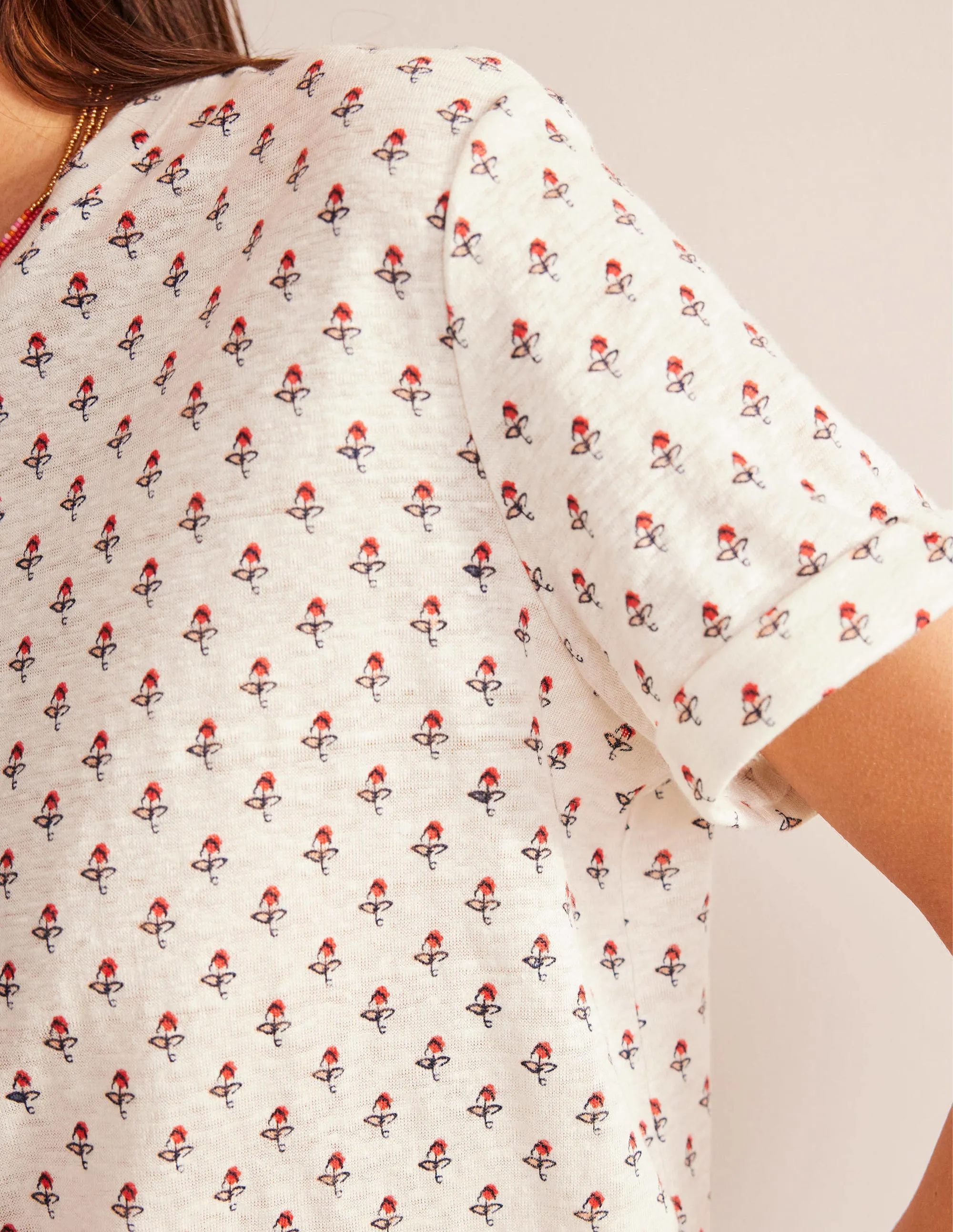 Printed Linen T-shirt-Ivory, Tulip Blush
