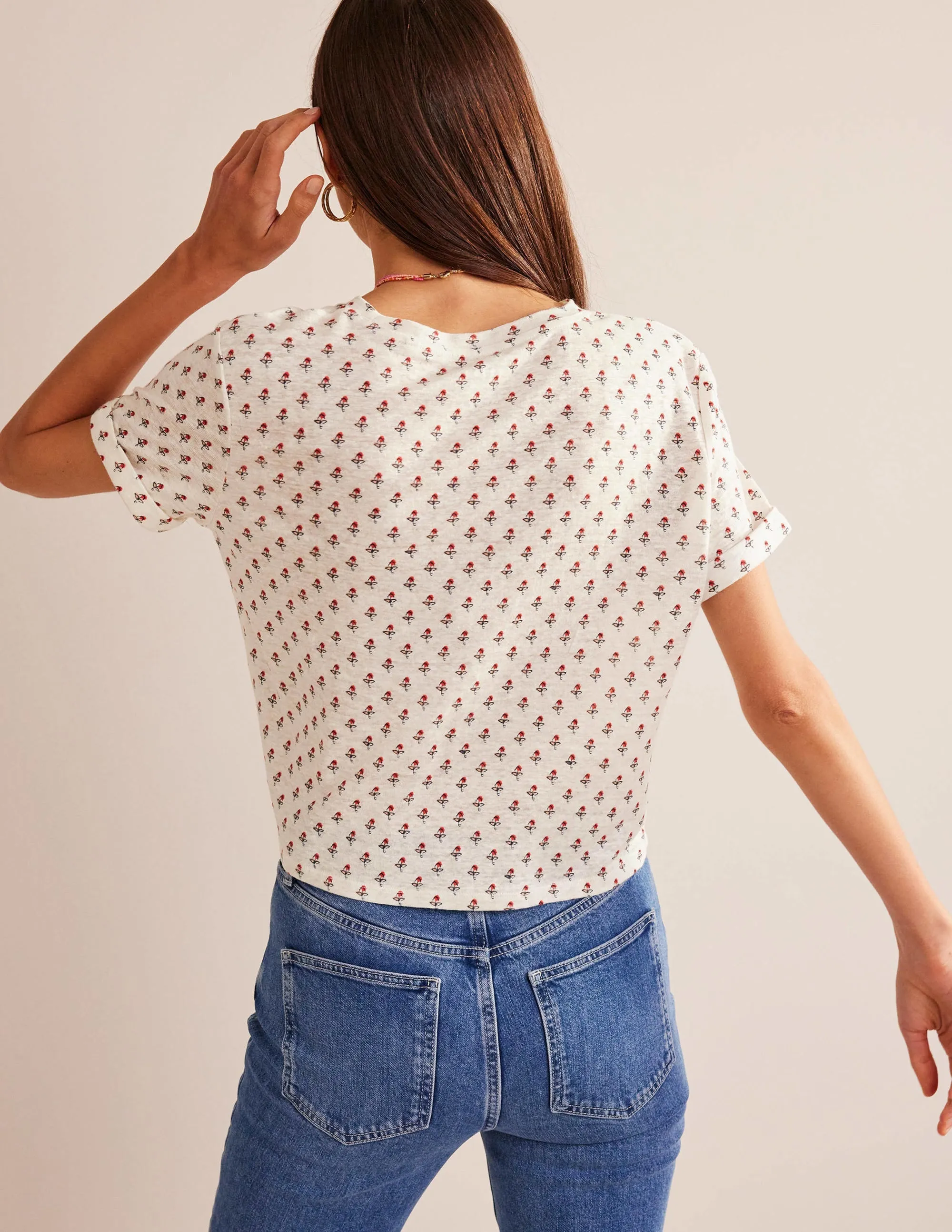 Printed Linen T-shirt-Ivory, Tulip Blush