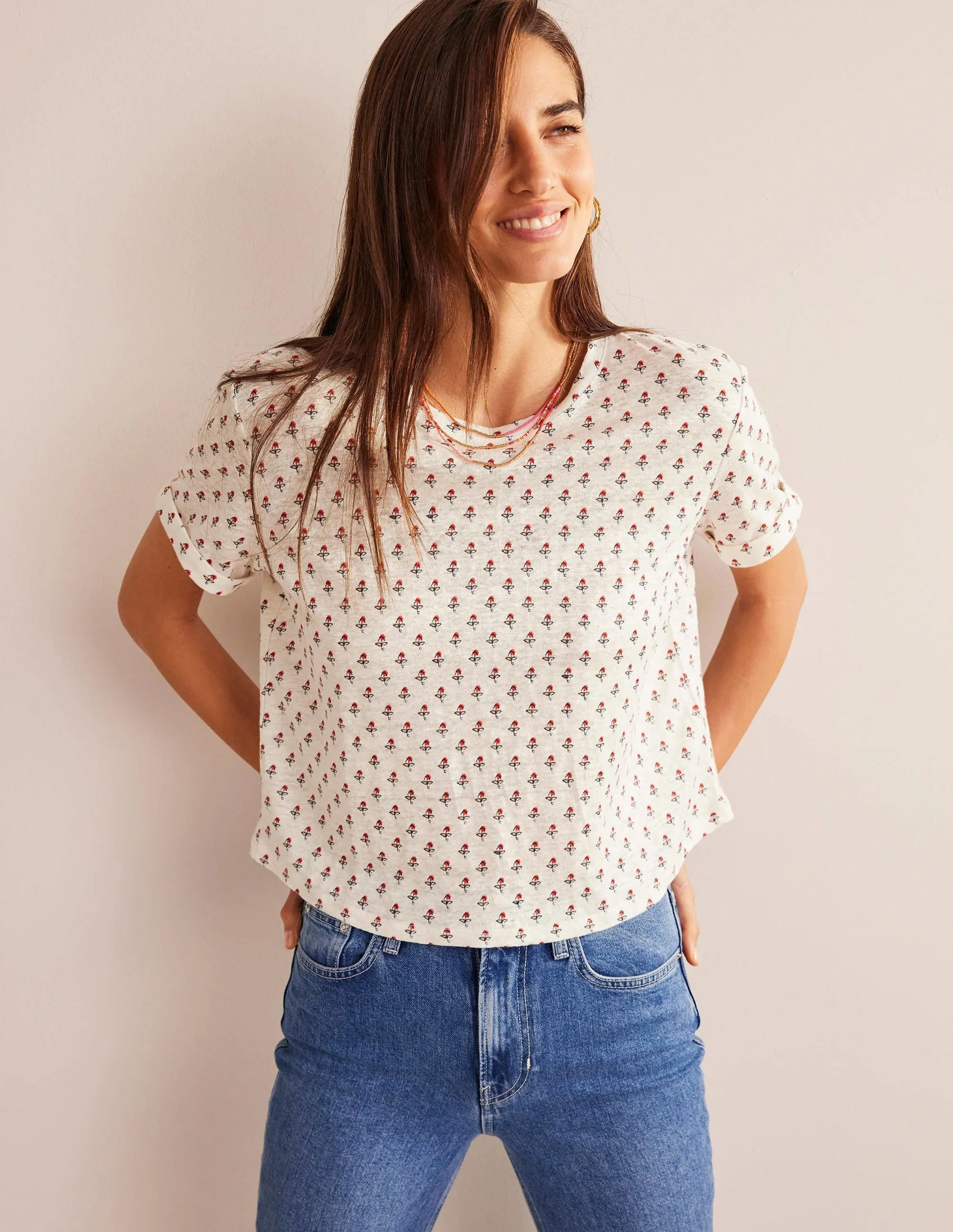 Printed Linen T-shirt-Ivory, Tulip Blush