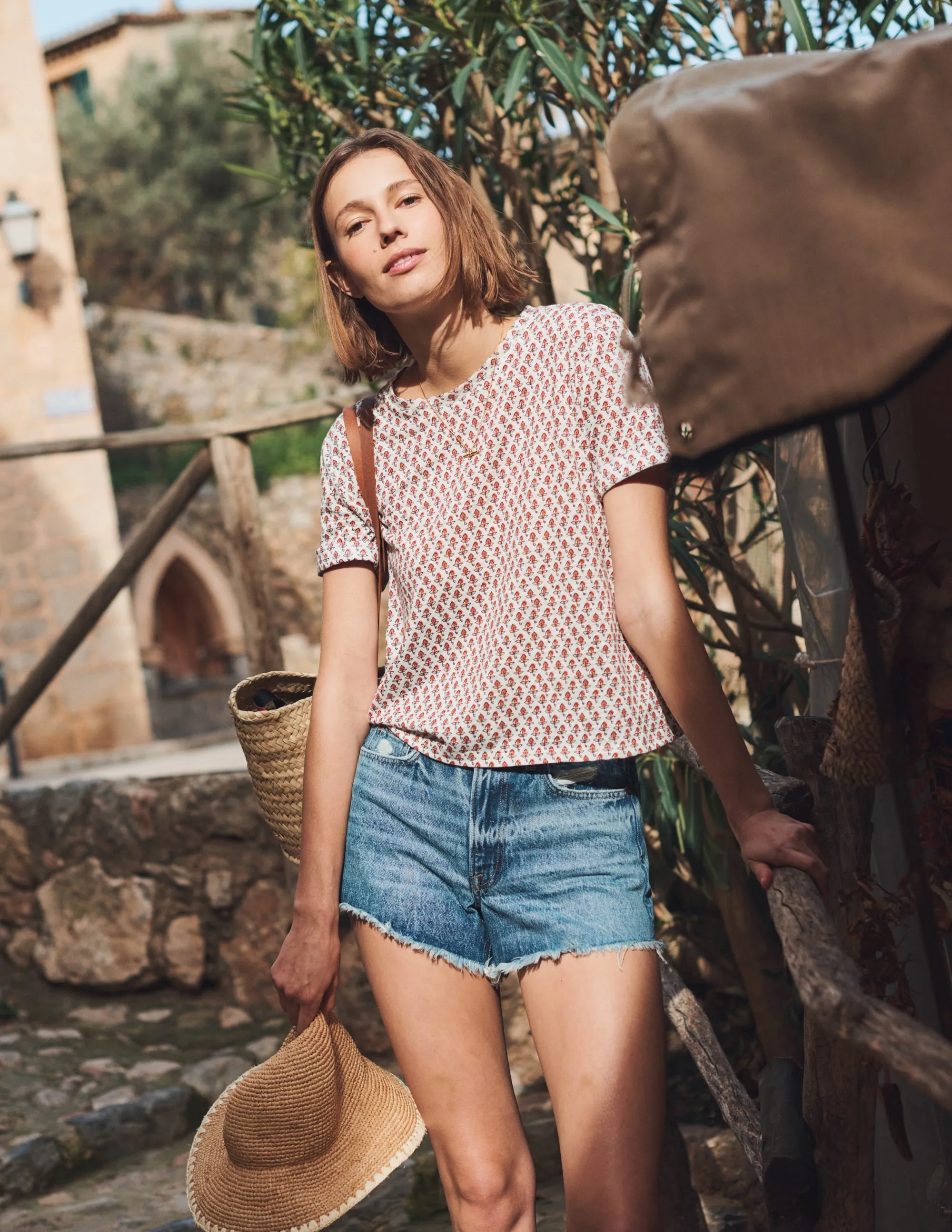 Printed Linen T-shirt-Ivory, Tulip Blush